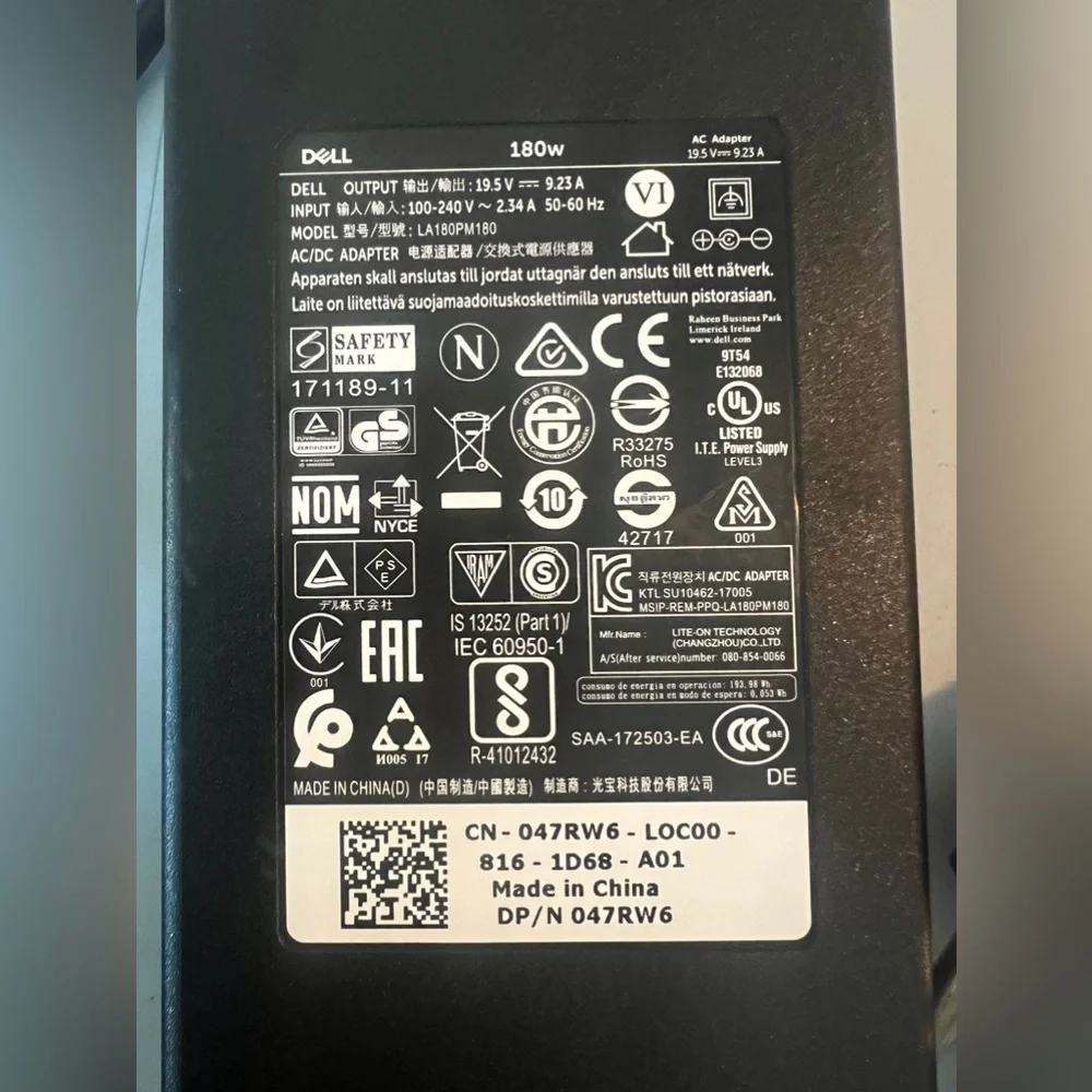 Genuine DELL 180W 19.5V 9.23A Laptop Charger AC Adapter  LA180PM180 Genuine Dell
